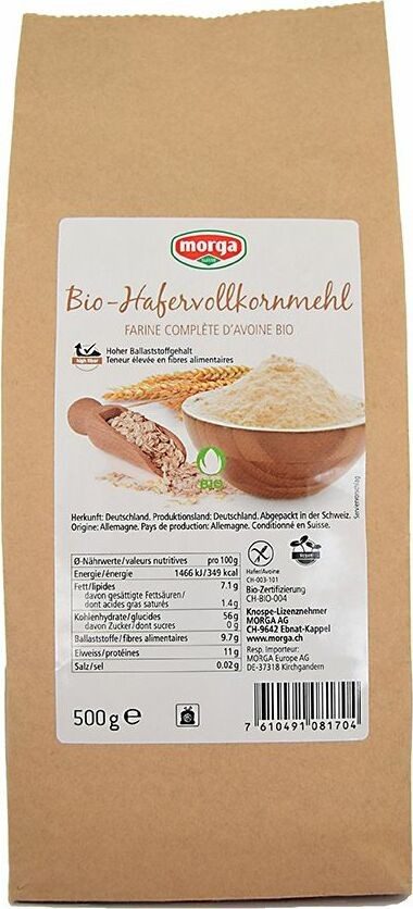 morga Hafervollkornmehl Bio Knospe glutenfrei (500g)