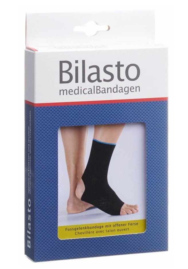 Bilasto Fussgelenkbandage M Ferse offen schwarz/blau (1 Stück)