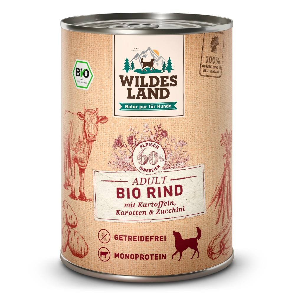 WILDES LAND Adult Bio Rind mit Kartoffeln, Karotten & Zucchini, Nassfutter für Hunde (6x400g)