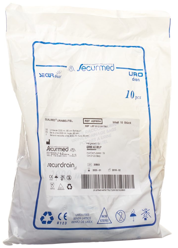 Qualimed Urinbeutel, 2 Liter 90cm, ohne Rücklaufventil (10 Stk)