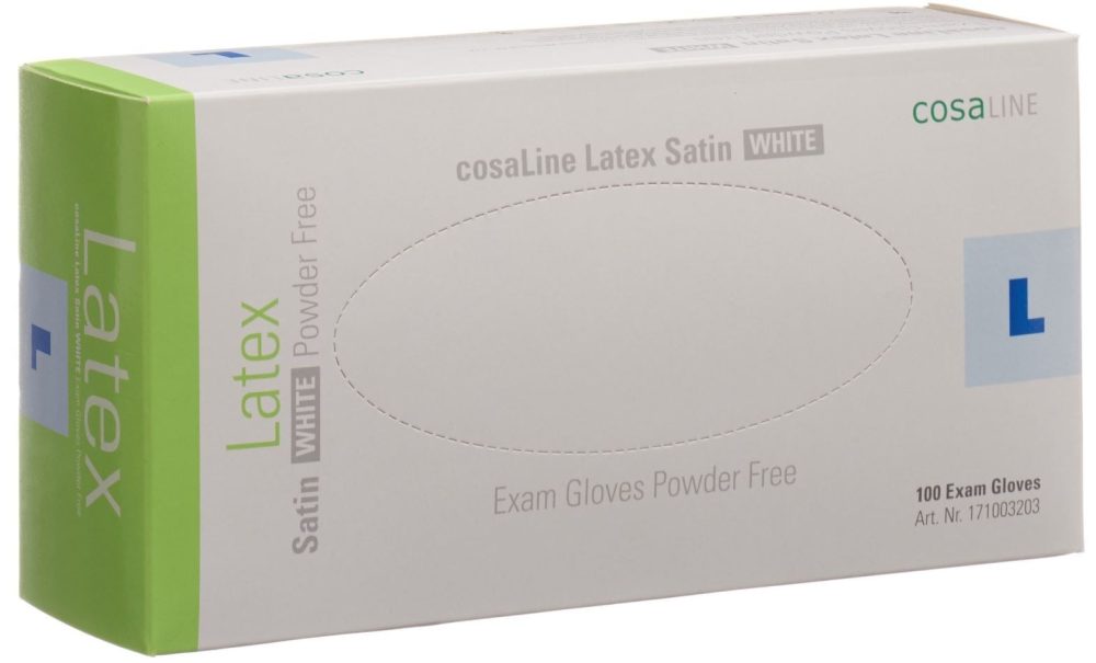 cosaLine Untersuchungshandschuhe L Latex Satin weiss puderfrei (100 Stück)