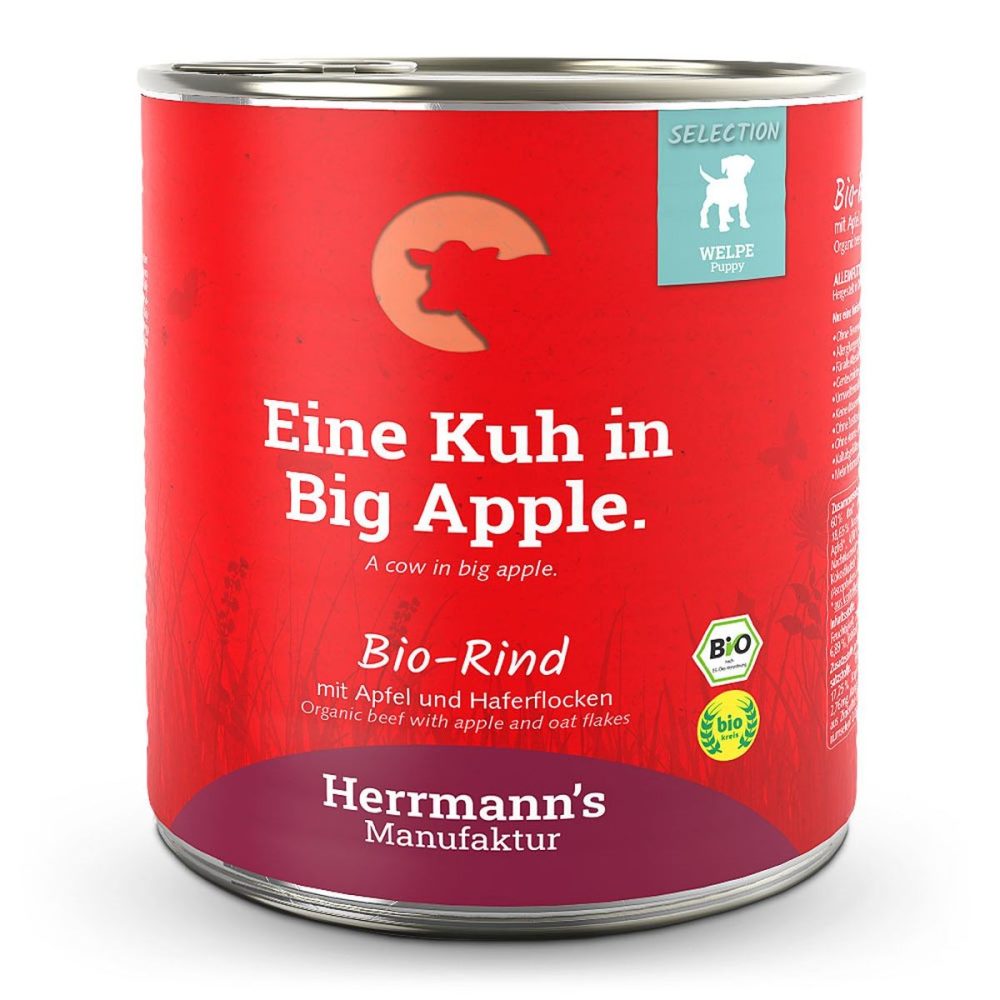 Herrmann's Selection Puppy Bio-Rind mit Apfel und Haferflocken, Nassfutter für Hunde (800g)