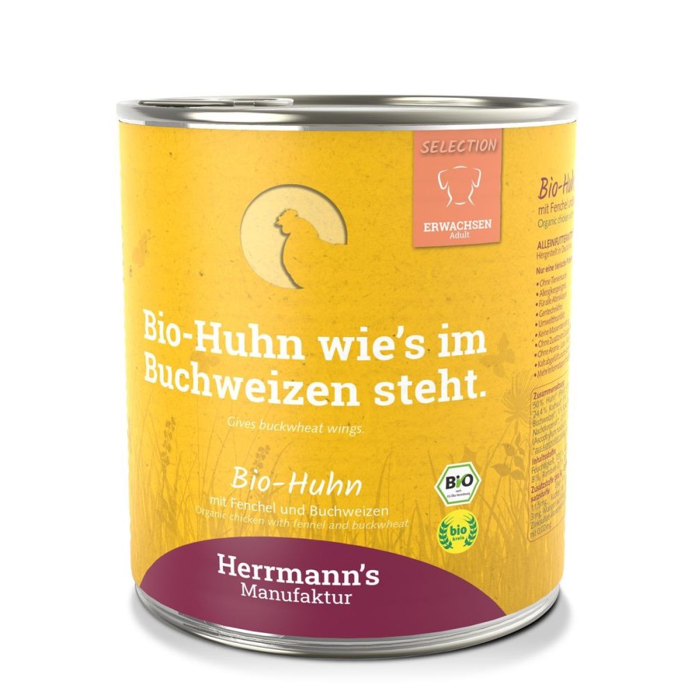 Herrmann's Bio Huhn mit Fenchel und Buchweizen, Nassfutter für Hunde (800g)