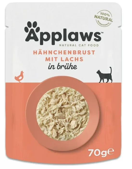 Applaws Hühnerbrust mit Lachs in Brühe, Nassfutter für Katzen (70g)