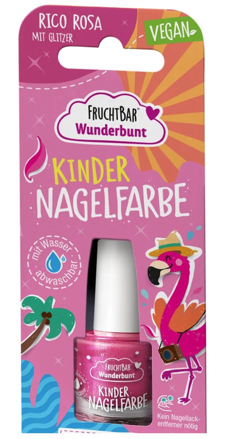 FRUCHTBAR Wunderbunt Kindernagelfarbe, Rico Rosa mit Glitzer (5ml)