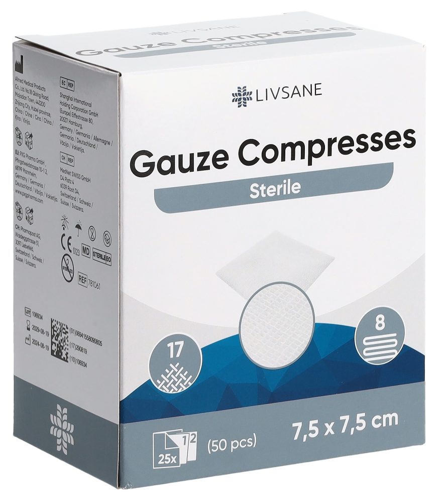 Livsane sterile Mullkompresse, 7.5x7.5cm (2x25 Stk)