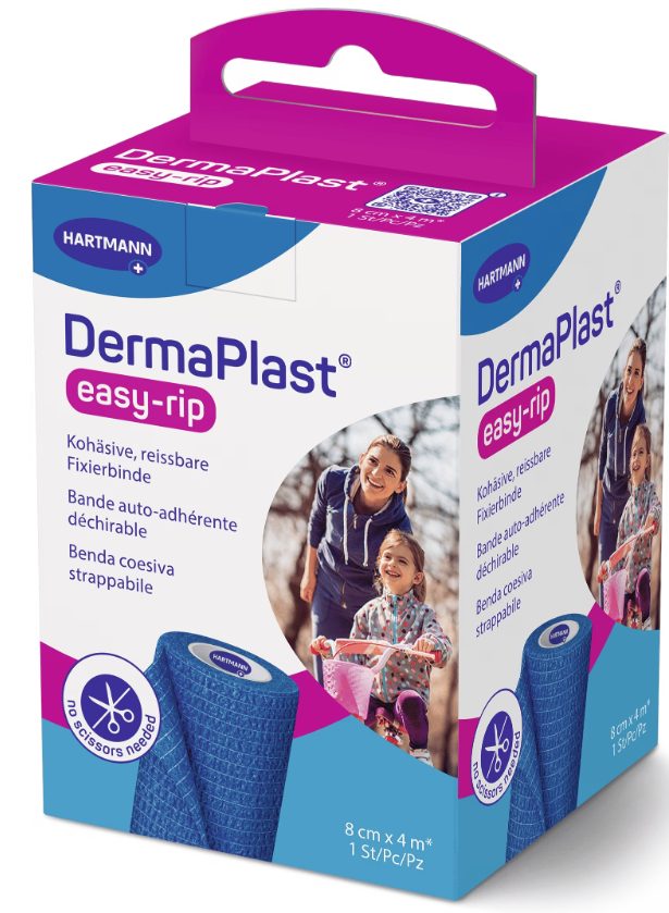 DermaPlast easy-rip Kohäsive, reissbare Fixier- und Stützbinde, 8cmx4m blau (1 Stk)