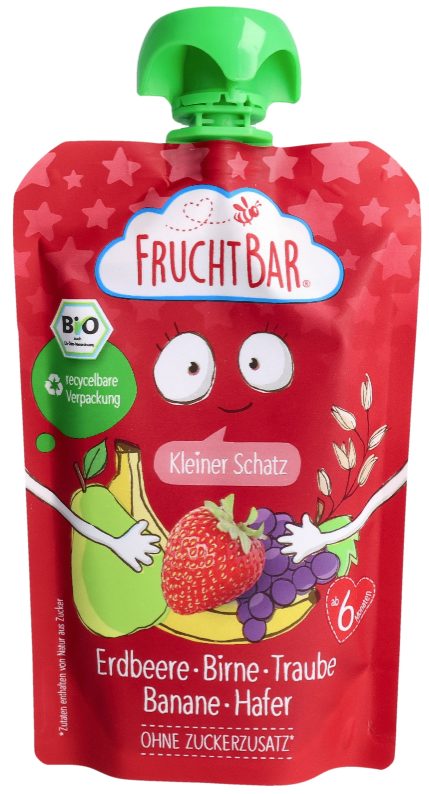 FRUCHTBAR Bio-Fruchtpüree Erdbeere, Birne, Traube, Banane & Hafer (100g)