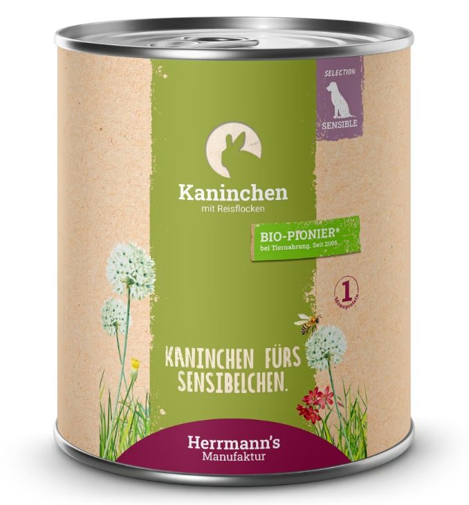 Herrmann's Kaninchen mit Reisflocken, Nassfutter für Hunde (800g)
