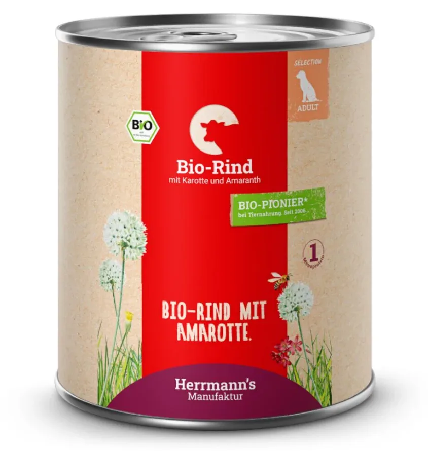 Herrmann's Bio Rind mit Karotten und Amaranth, Nassfutter für Hunde (800g)