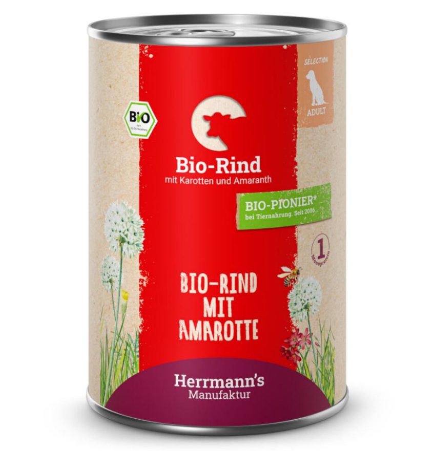 Herrmann's Bio Rind mit Karotten und Amaranth, Nassfutter für Hunde (400g)