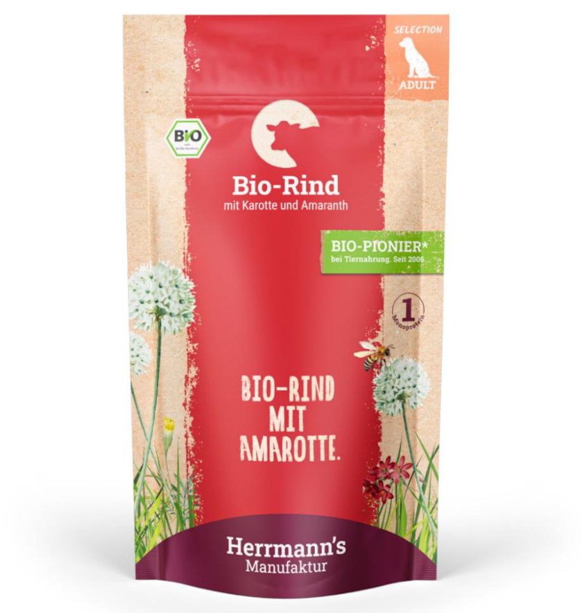 Herrmann's Bio Rind mit Karotten und Amaranth, Nassfutter für Hunde (150g)