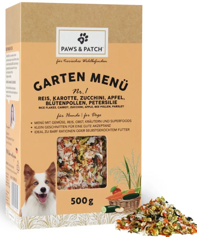 Paws & Patch Garten Menü 1 - Reis, Karotte, Zucchini, Apfel, Blütenpollen, Petersilie - Hundefutter (500g)