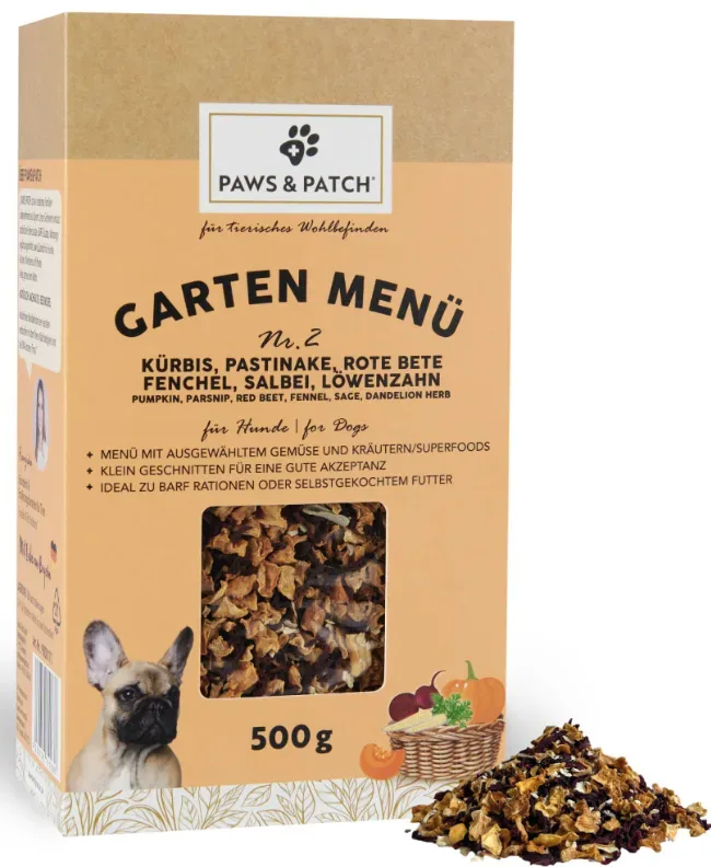Paws & Patch Garten Menü 2 - Kürbis, Pastinake, Rote Bete, Fenchel, Salbei, Löwenzahn - Hundefutter (500g)