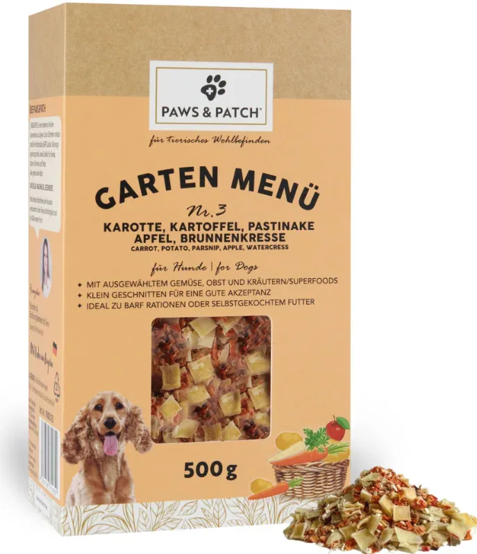 Paws & Patch Garten Menü 3 - Karotte, Kartoffel, Pastinake, Apfel, Brunnenkresse - Hundefutter (500g)