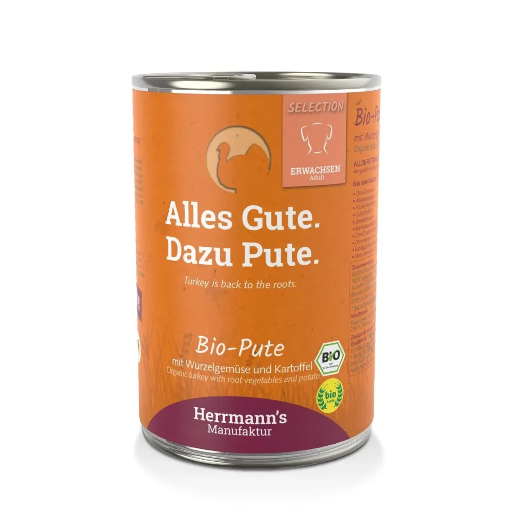 Herrmann's Bio Pute mit Wurzelgemüse & Kartoffeln, Nassfutter für Hunde (400g)