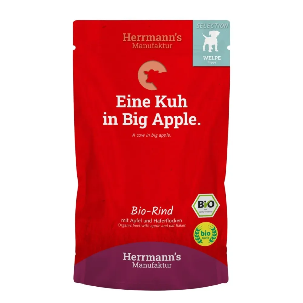 Herrmann's Bio Rind mit Apfel und Haferflocken, Nassfutter für Welpen (150g)