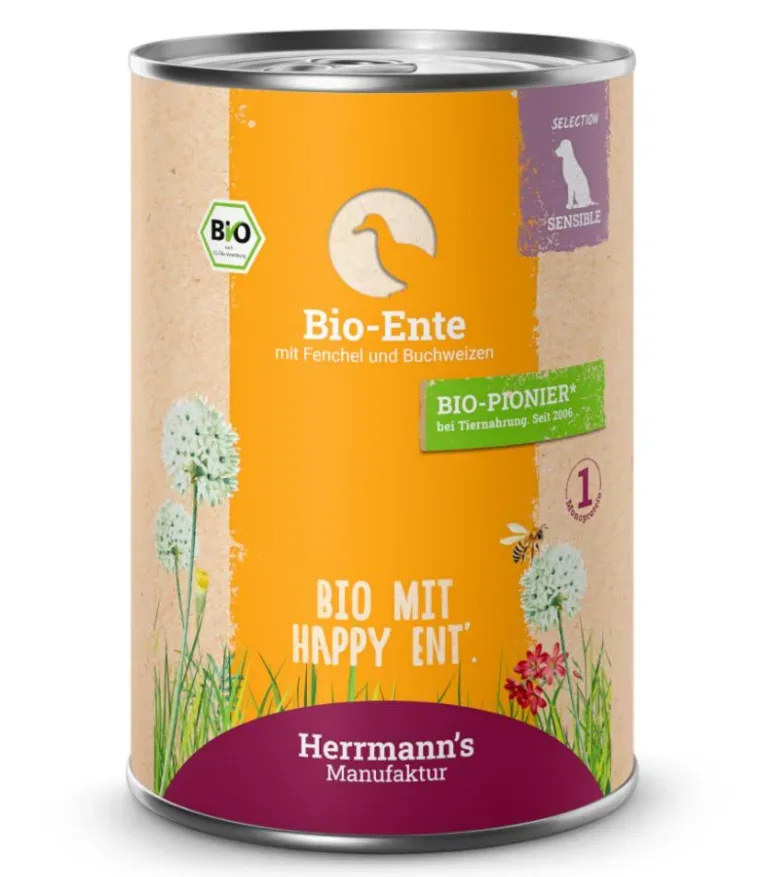 Herrmann's Bio Ente mit Fenchel und Buchweizen, Nassfutter für Hunde (400g)