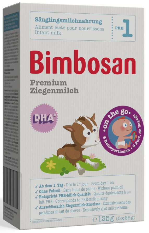 Bimbosan Premium Ziegenmilch Säuglingsmilchnahrung Reiseportionen PRE 1 (5x25g)