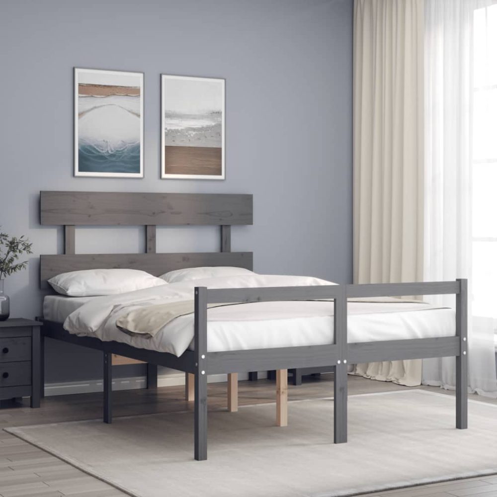 vidaXL Massivholzbett mit Kopfteil Grau 4FT6 Double
