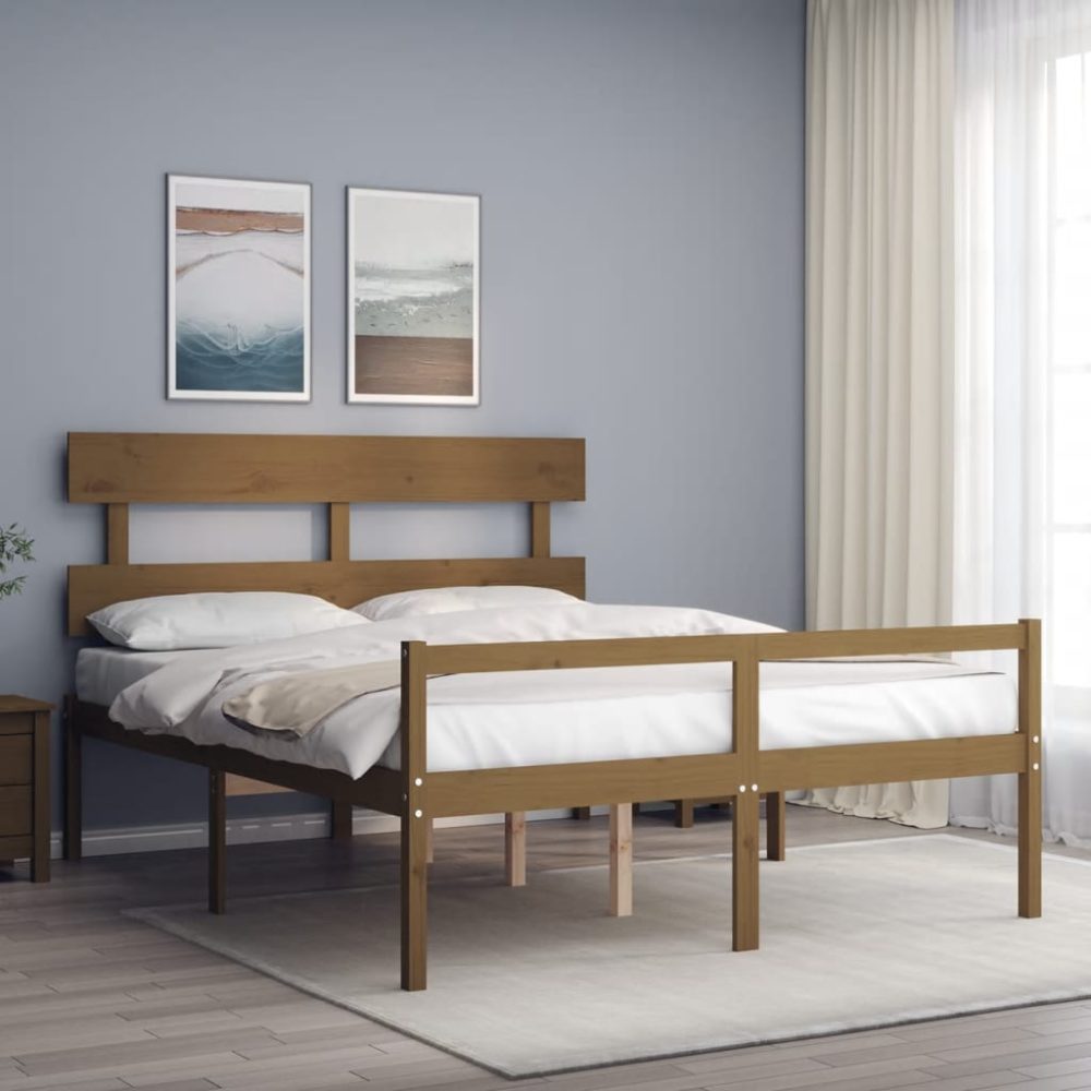 vidaXL Bettgestell mit Kopfteil Honigbraun 5FT King Massivholz