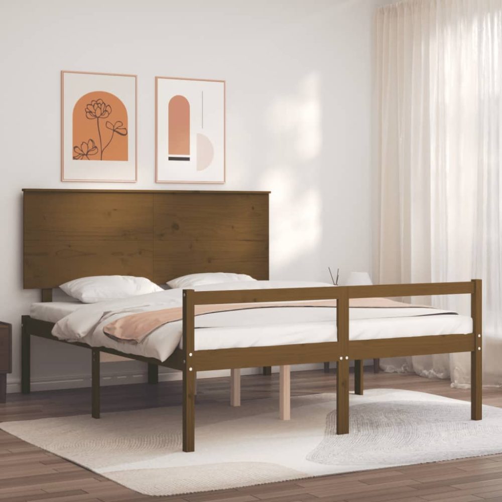 vidaXL Bettgestell mit Kopfteil Honigbraun 5FT King Massivholz