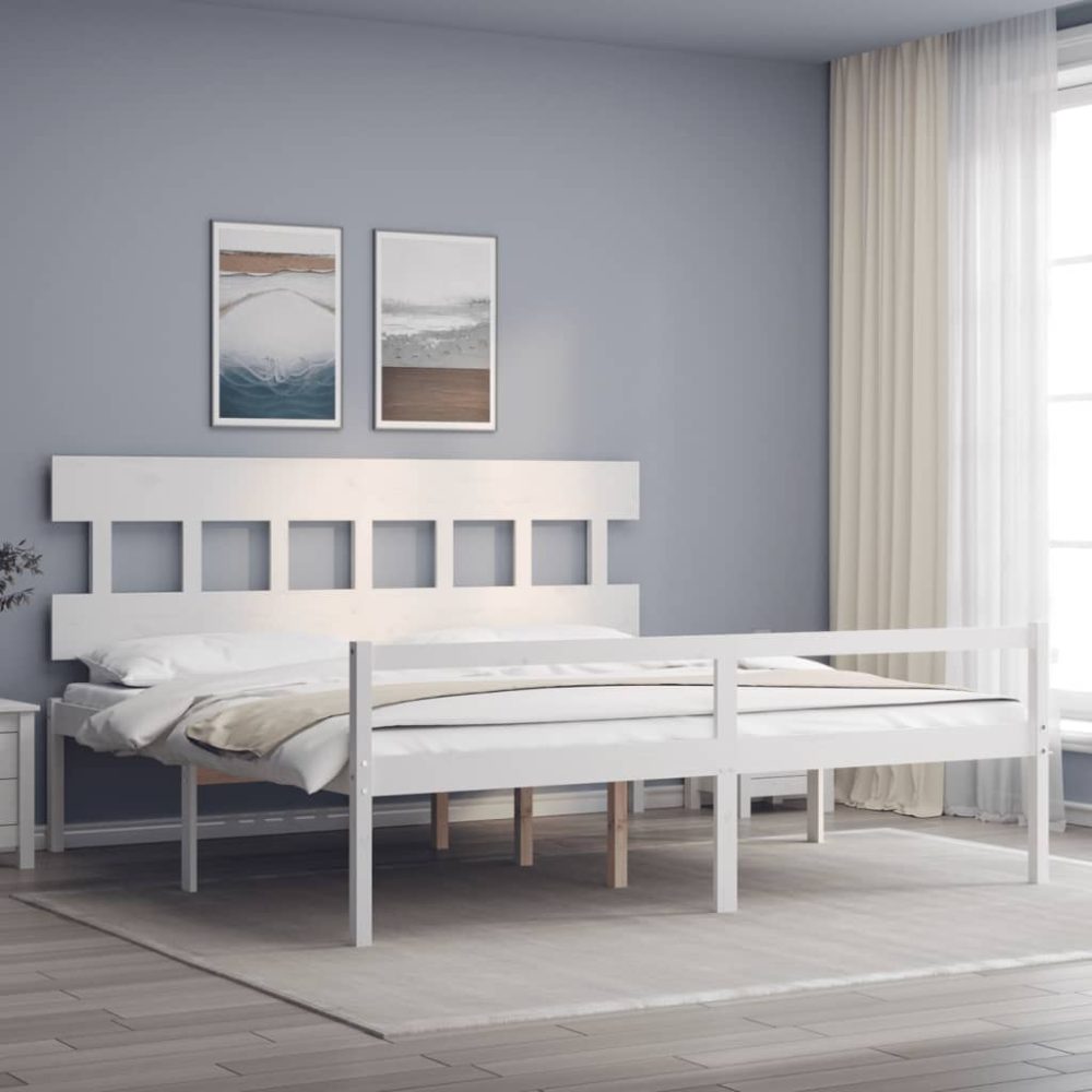 vidaXL Massivholzbett mit Kopfteil Weiß 6FT Super King