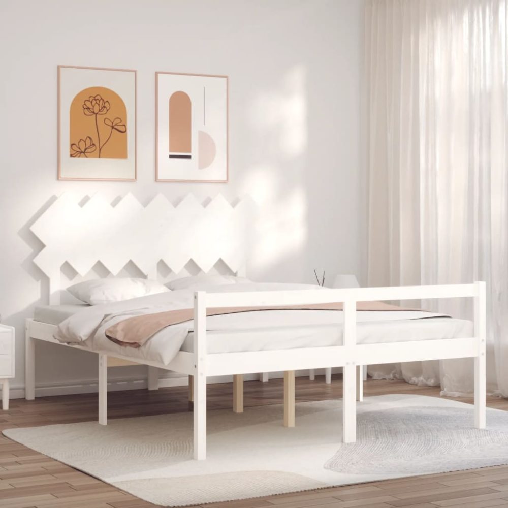 vidaXL Bettgestell mit Kopfteil Weiß 5FT King Massivholz