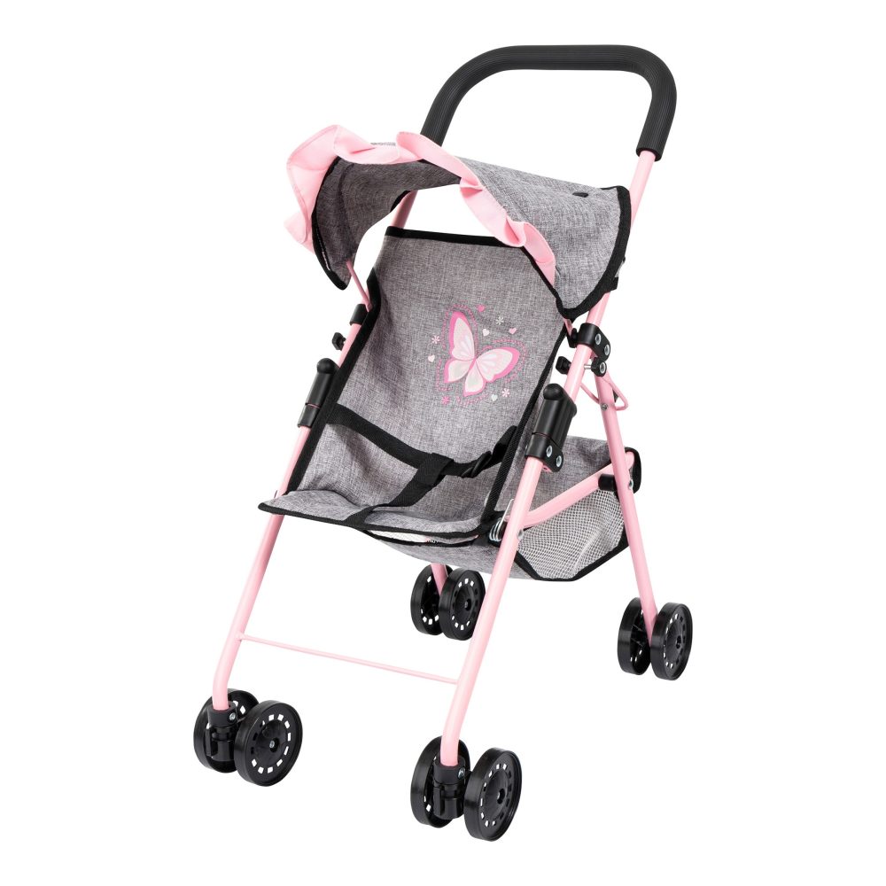 Bayer Puppenbuggy »grau/rosa«, (Set), mit Puppenbett, Wickeltasche, Geschirr, Flasche, Latz und Spielbogen