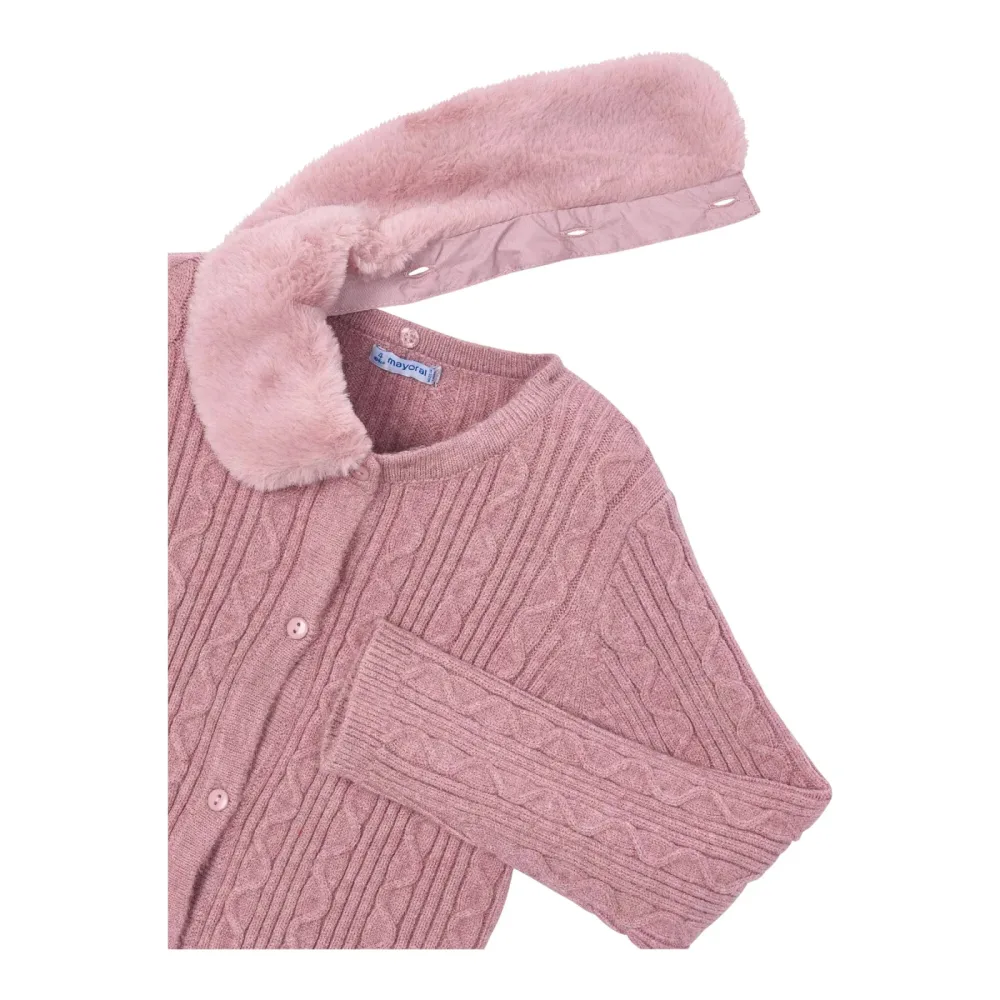 Strickjacke mit abnehmbarem Plüsch-Kragen und Zopfmuster