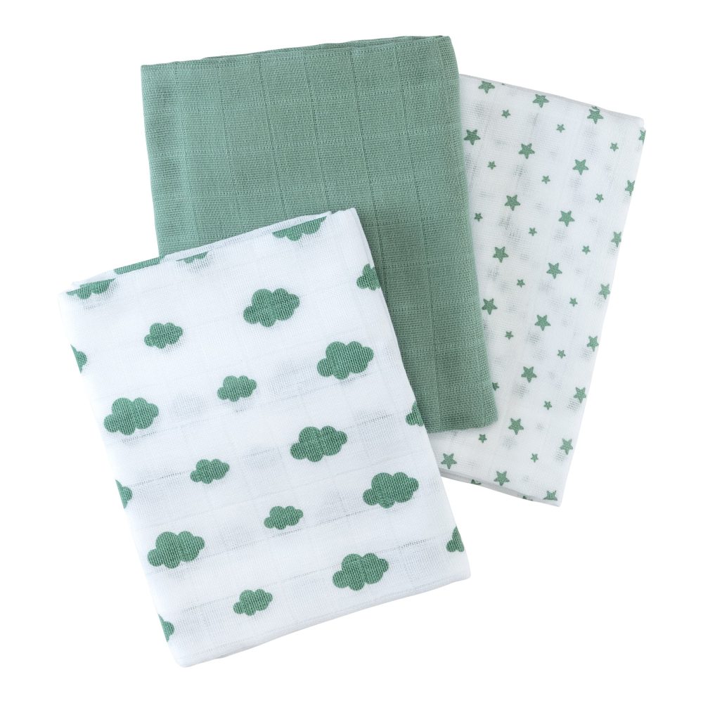 3er-Pack Mullwindeln Wolken und Sterne 80x80 cm