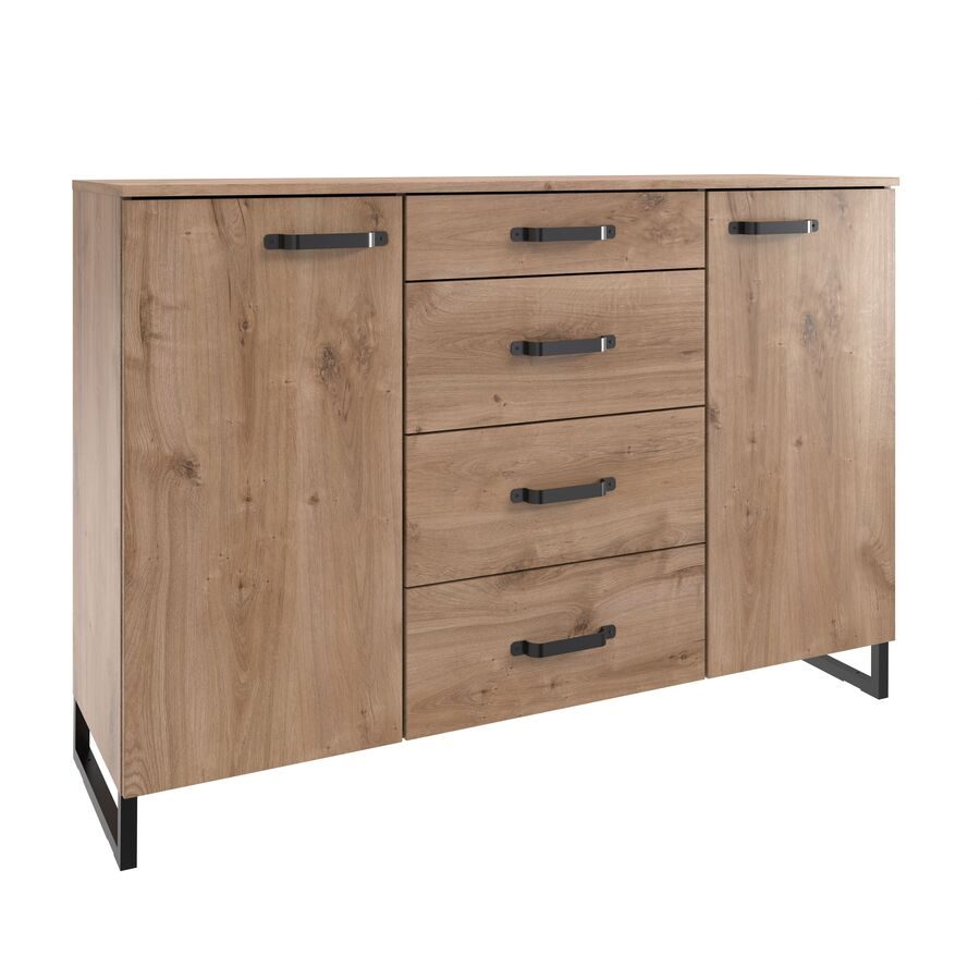 Kommode Demian Edelstahl Holzwerkstoff 135 cm 41 cm - Farbe: Plankeneiche/Raw-Steel - Kommode