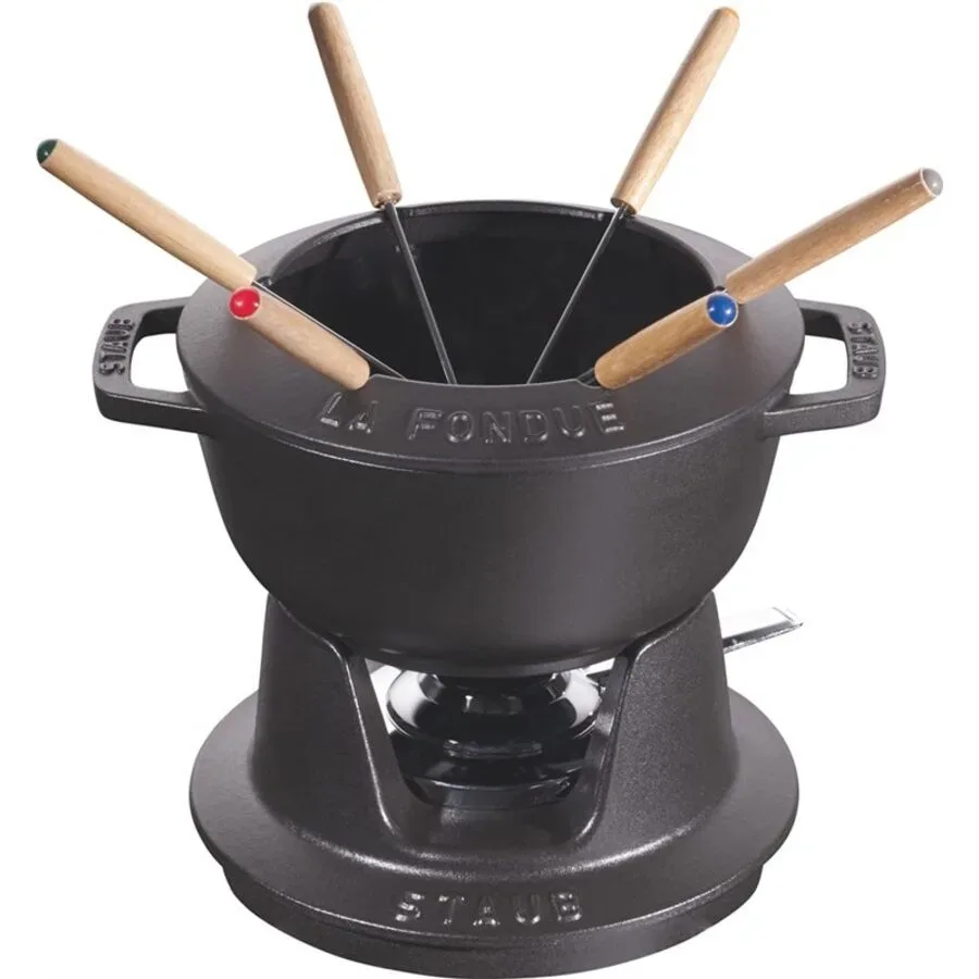 Fondue-Set STAUB Schwarz Gusseisen/Holz - Material: Holz/Gusseisen - Fondue-Set
