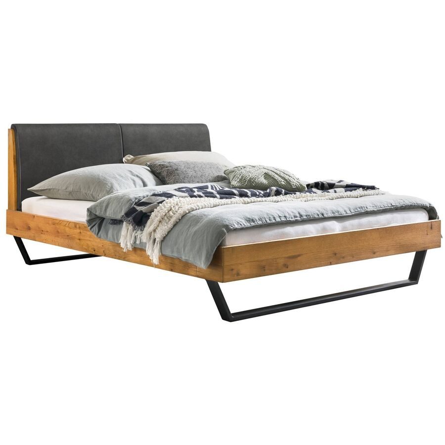 Hasena Bett Pollino Grau/Braun Holz/Kunstleder/Metall 180 x 200 cm - Farbe: Grau, Natur - Material: Wildeiche, Kunstleder, Metall - Bett
