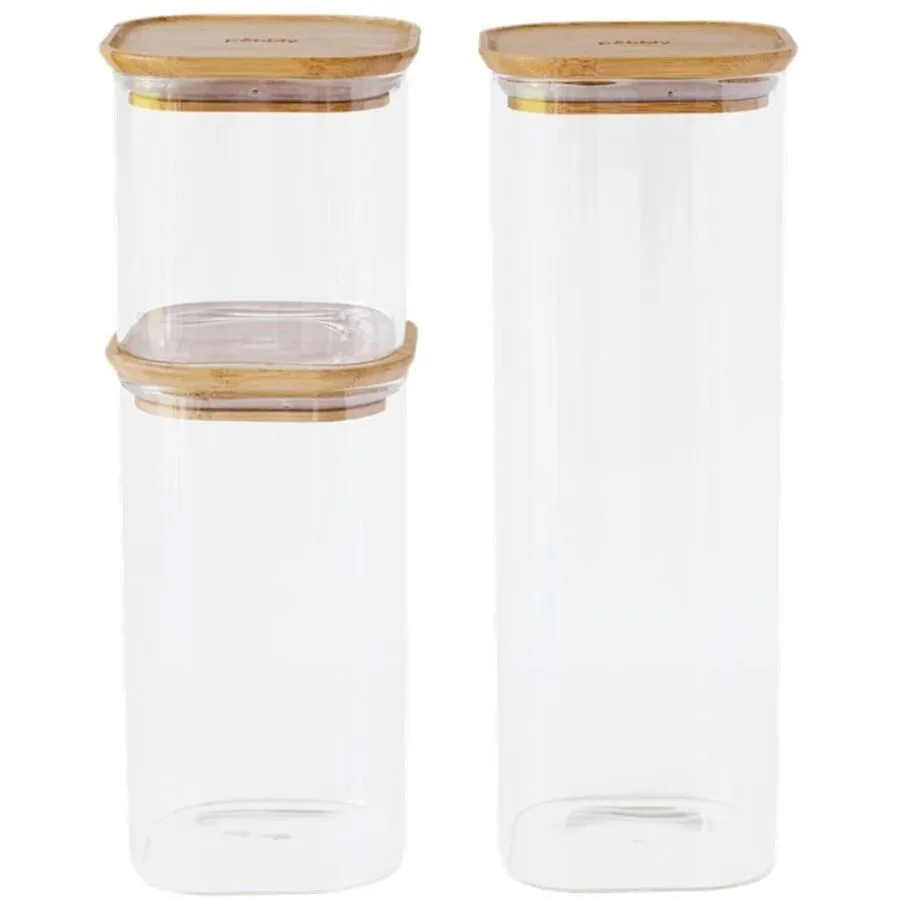 Pebbly 3er Set Vorratsglas mit Bambusdeckel 0.8, 1.4, 2.2 l