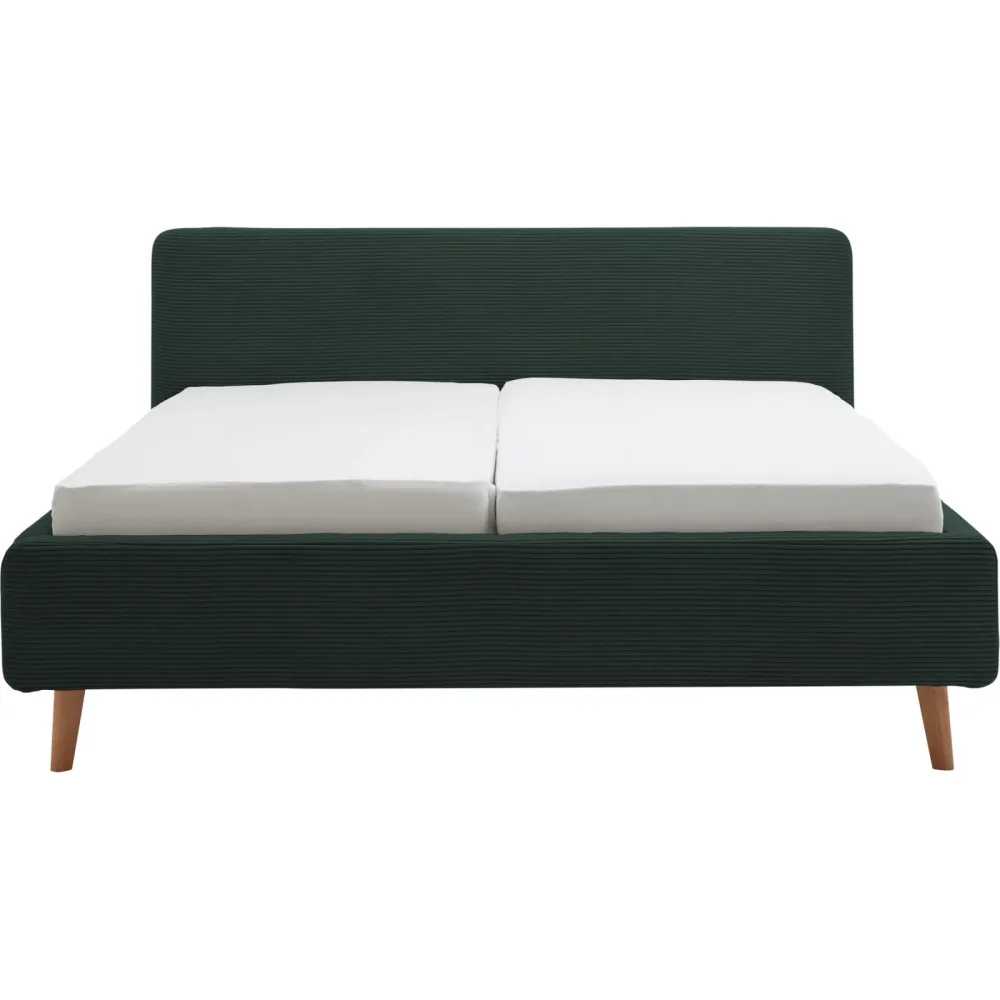Bett Senja Grün/Braun Stoff/Holz 140 x 200 cm - Farbe: Dunkelgrün, Natur - Material: Stoff, Eiche - Bett