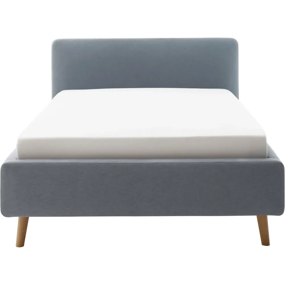 Bett Senja Blau/Braun Stoff/Holz 180 x 200 cm - Farbe: Eisblau, Natur - Material: Stoff, Eiche - Bett
