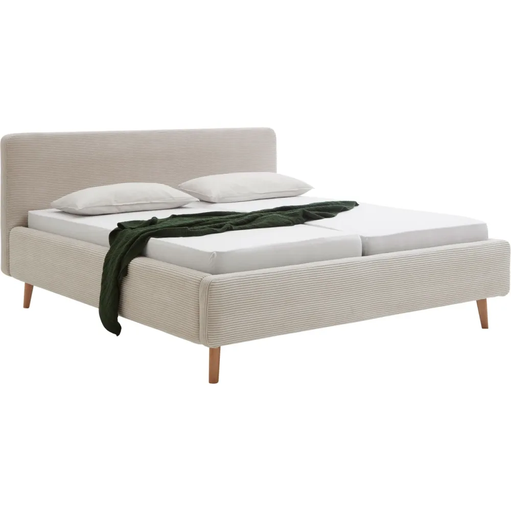 Bett Senja Beige/Braun Stoff/Holz 140 x 200 cm - Farbe: beige, natur - Material: Stoff, Eiche - Bett