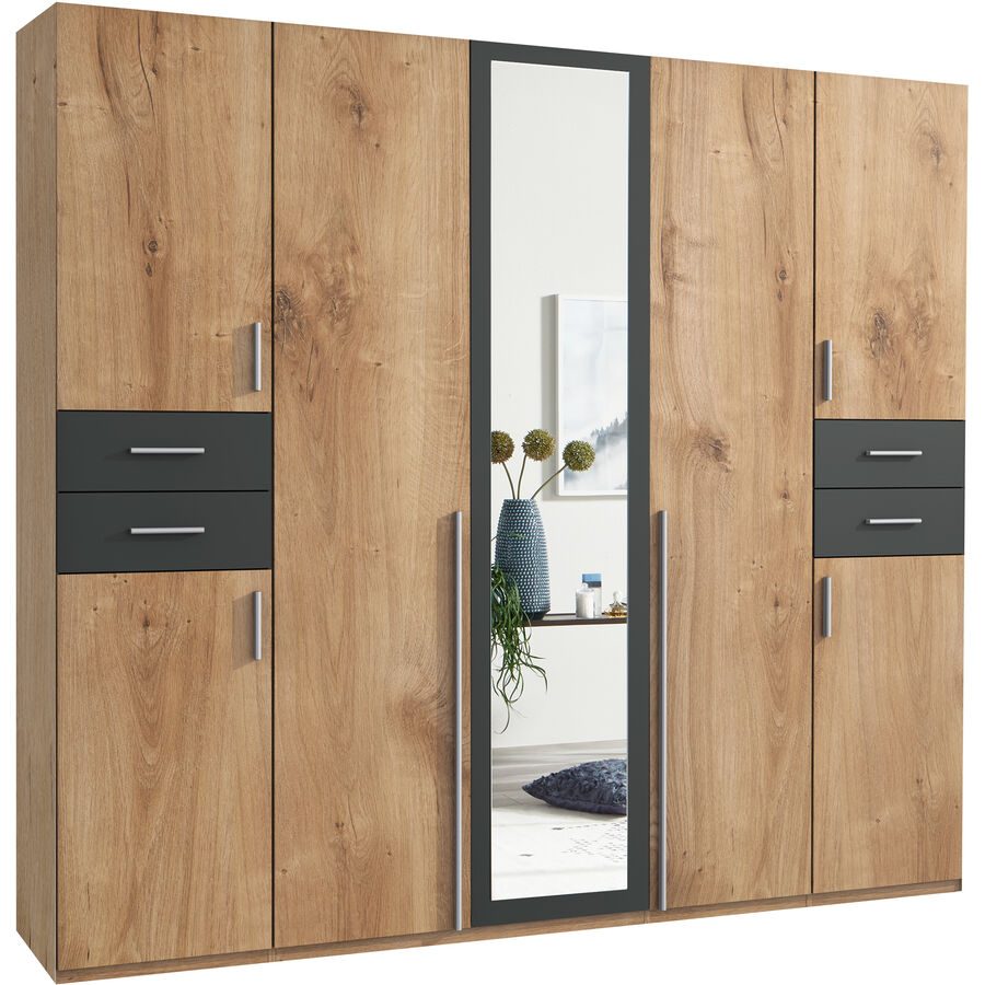 Kleiderschrank Vasquez Braun/Grau Holzwerkstoff 225 cm 58 cm 208 cm - Farbe: Plankeneiche/graphit - Kleiderschrank