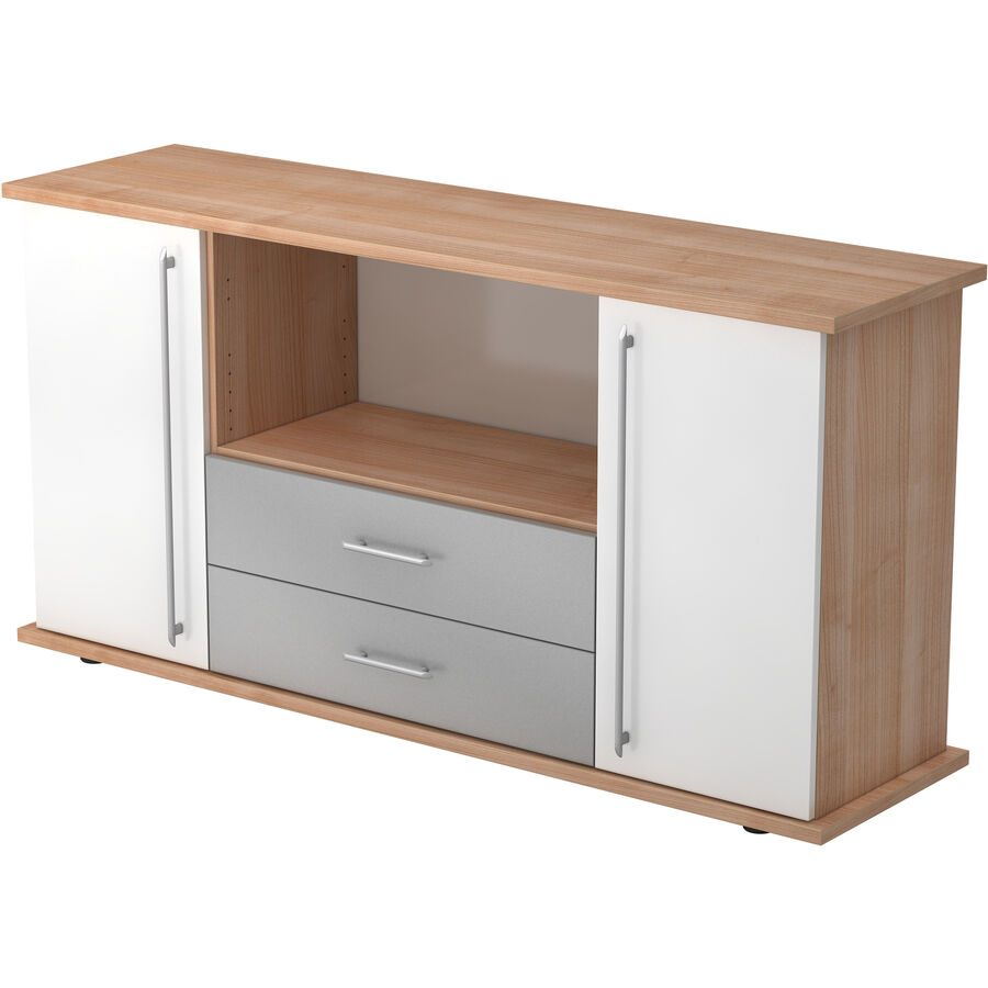 Sideboard Office Weiss/Braun<multisep/>Grau Holz 166.1 cm 44.8 cm 84 cm - Farbe: Nussbaum, Weiss, Grau - Material: Holzwerkstoff - Sideboard