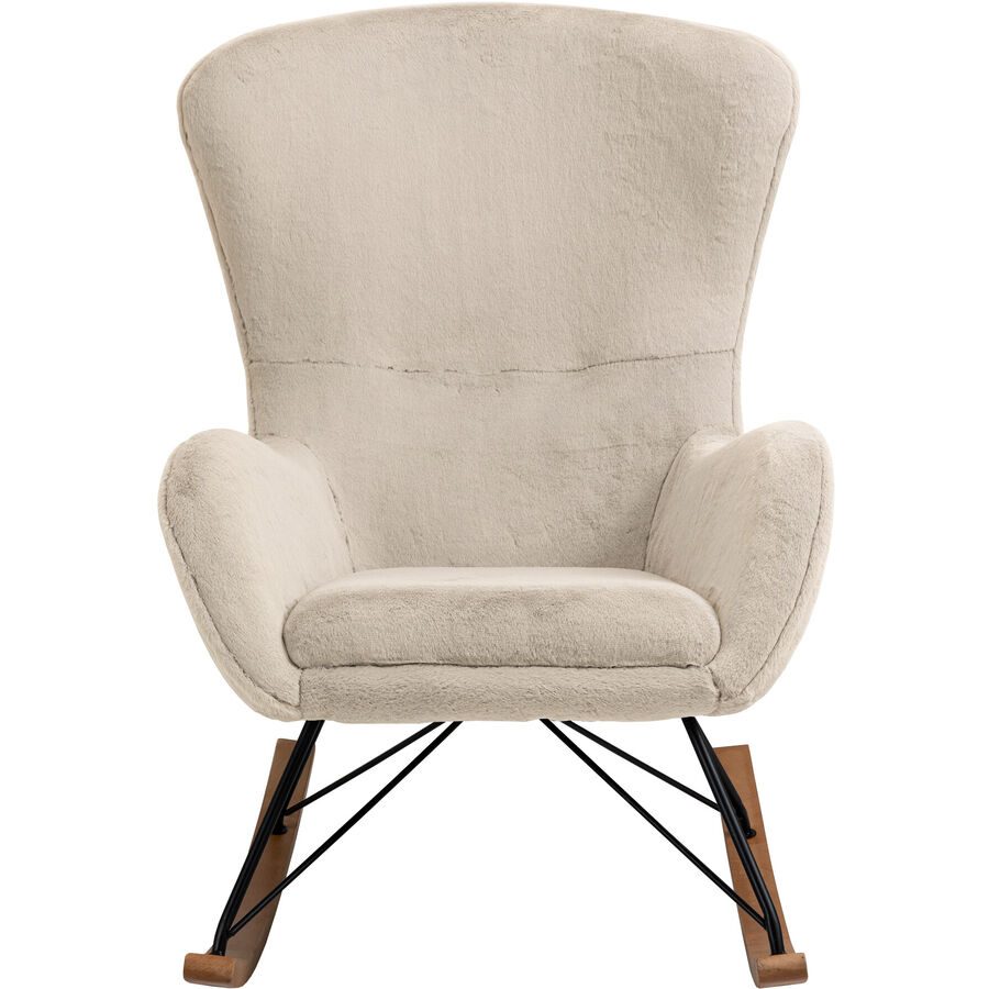 Schaukelstuhl Swing Beige/Schwarz/Braun Stoff/Metall/Holz 70 cm 94 cm - Farbe: Beige, Schwarz, Natur - Material: Lammfell Optik, Metall, Eichenholz -