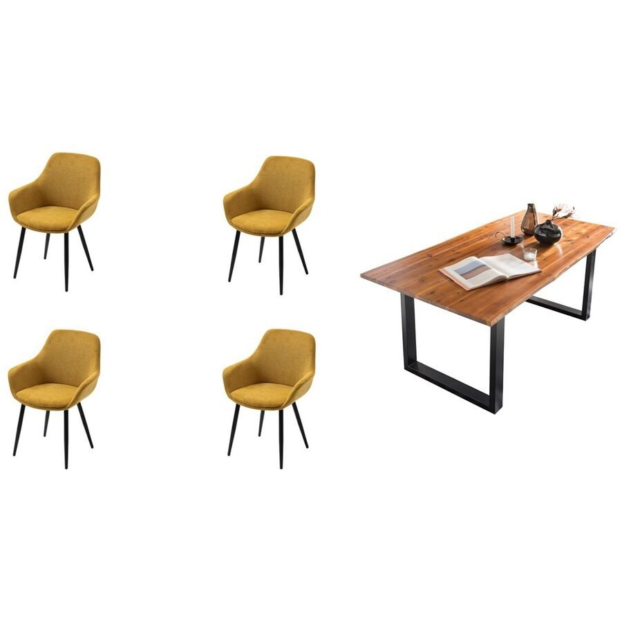 Essgruppe Eats Braun/Gelb Holz/Stoff - Farbe: cognac - Material: Akazie/Strukturstoff - Essgruppe
