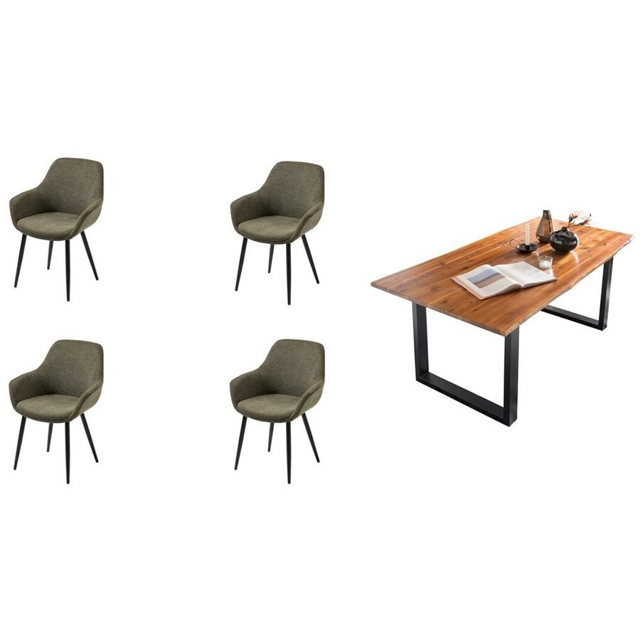 Essgruppe Eats Braun/Grün Holz/Stoff - Farbe: cognac - Material: Akazie/Strukturstoff - Essgruppe