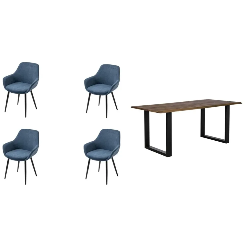 Essgruppe Eats Braun/Blau Holz/Stoff - Farbe: cognac - Material: Akazie/Strukturstoff - Essgruppe