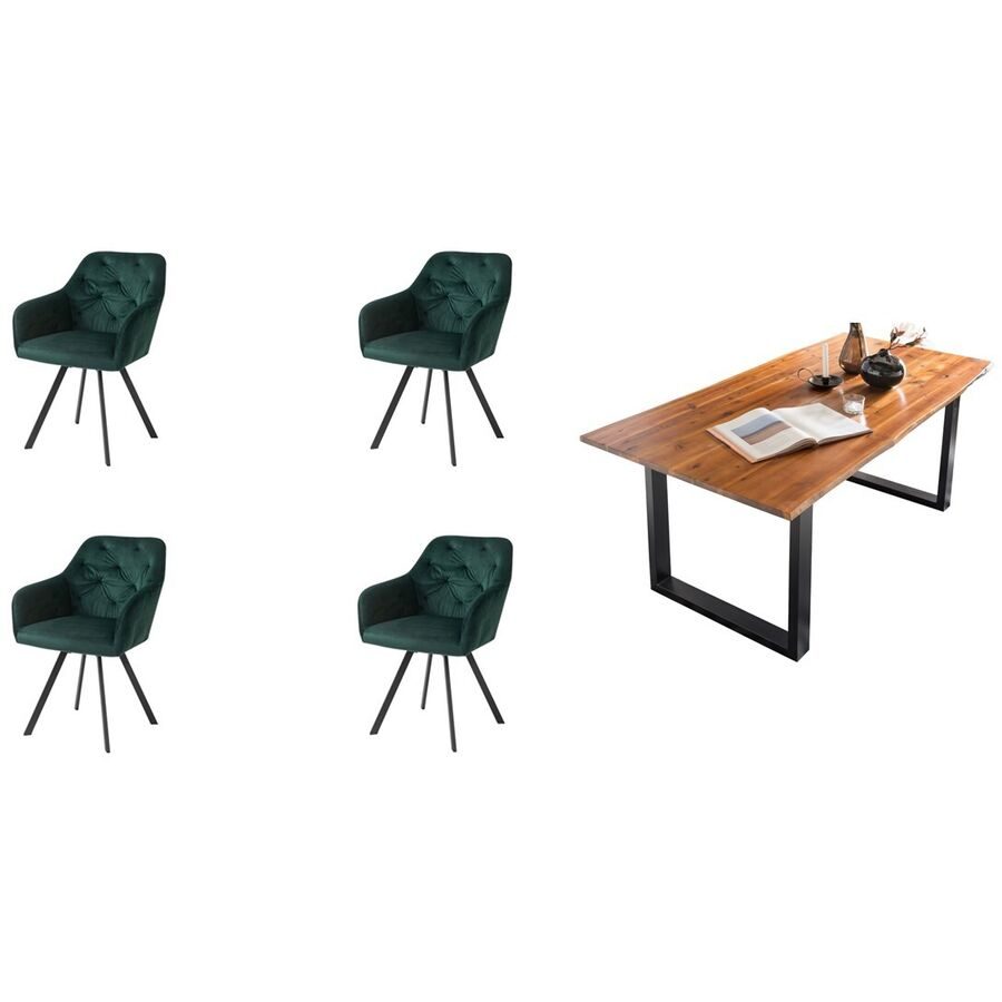 Essgruppe Eats Braun/Grün Samt/Holz - Farbe: cognac - Material: Akazie/Samt - Essgruppe
