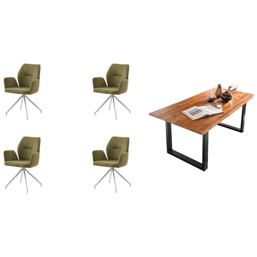 Essgruppe Eats Braun/Grün Holz/Stoff - Farbe: cognac - Material: Akazie/Strukturstoff - Essgruppe