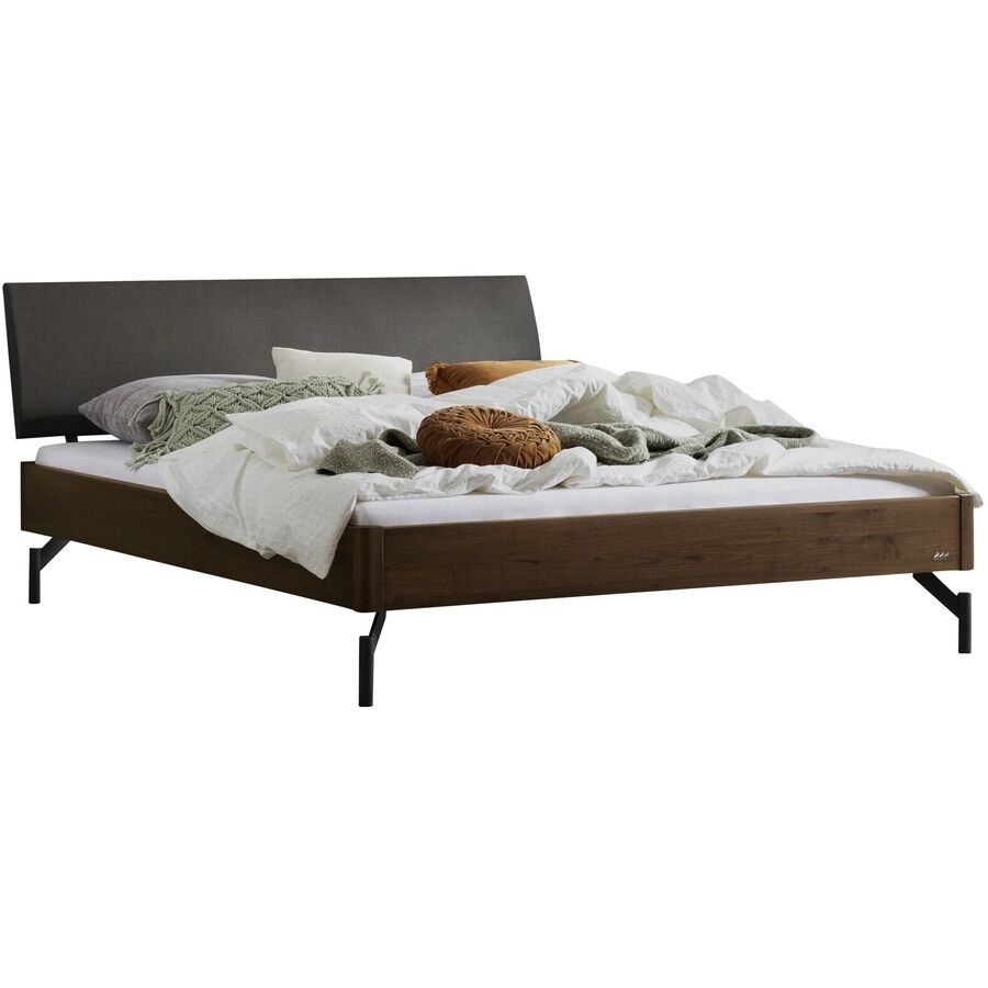 Hasena Bett Castello Grau/Braun Holz/Metall/Kunstleder 140 x 210 cm - Farbe: dunkelgrau, natur - Material: Nussbaum - Bett