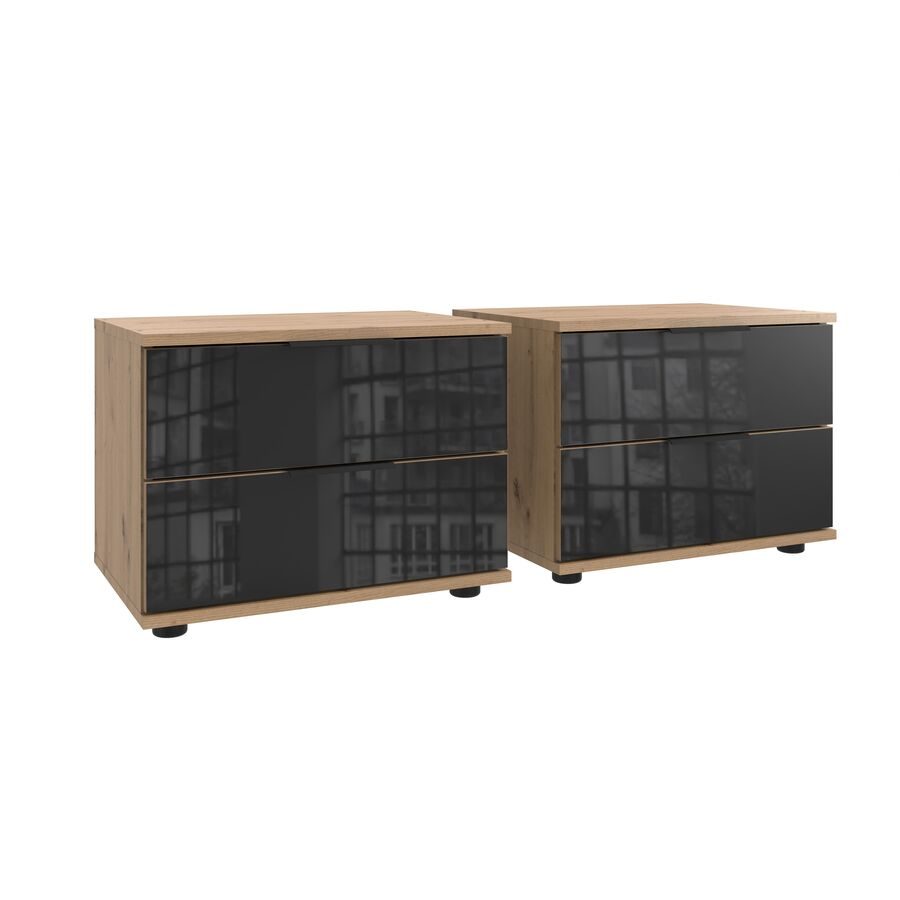 Nachttisch 2er-Set Metac Braun/Schwarz Holzwerkstoff/Glas 104 cm - Farbe: Eiche Nachbildung, Schwarz - Material: Spanplatte, Glas - Nachttisch 2er-Set