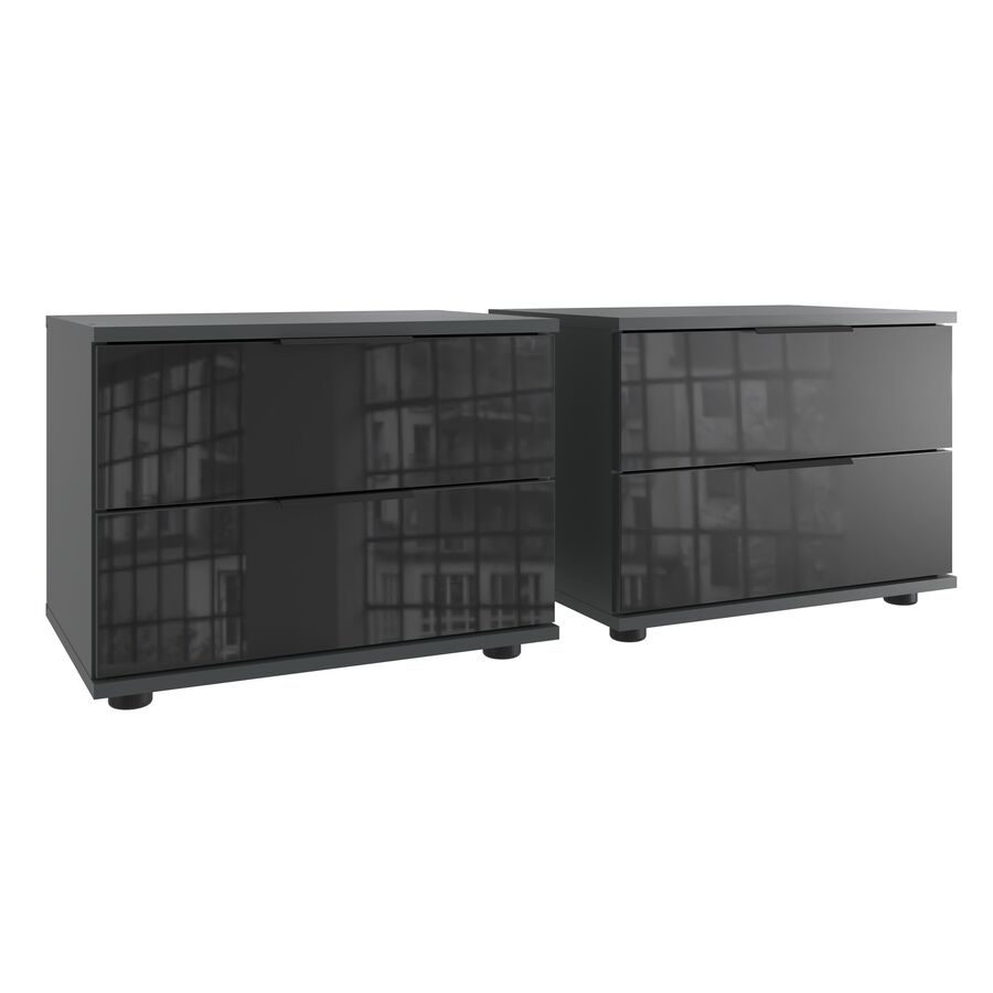 Nachttisch 2er-Set Metac Grau/Schwarz Holzwerkstoff/Glas 104 cm - Farbe: Graphit, Schwarz - Material: Spanplatte, Glas - Nachttisch 2er-Set