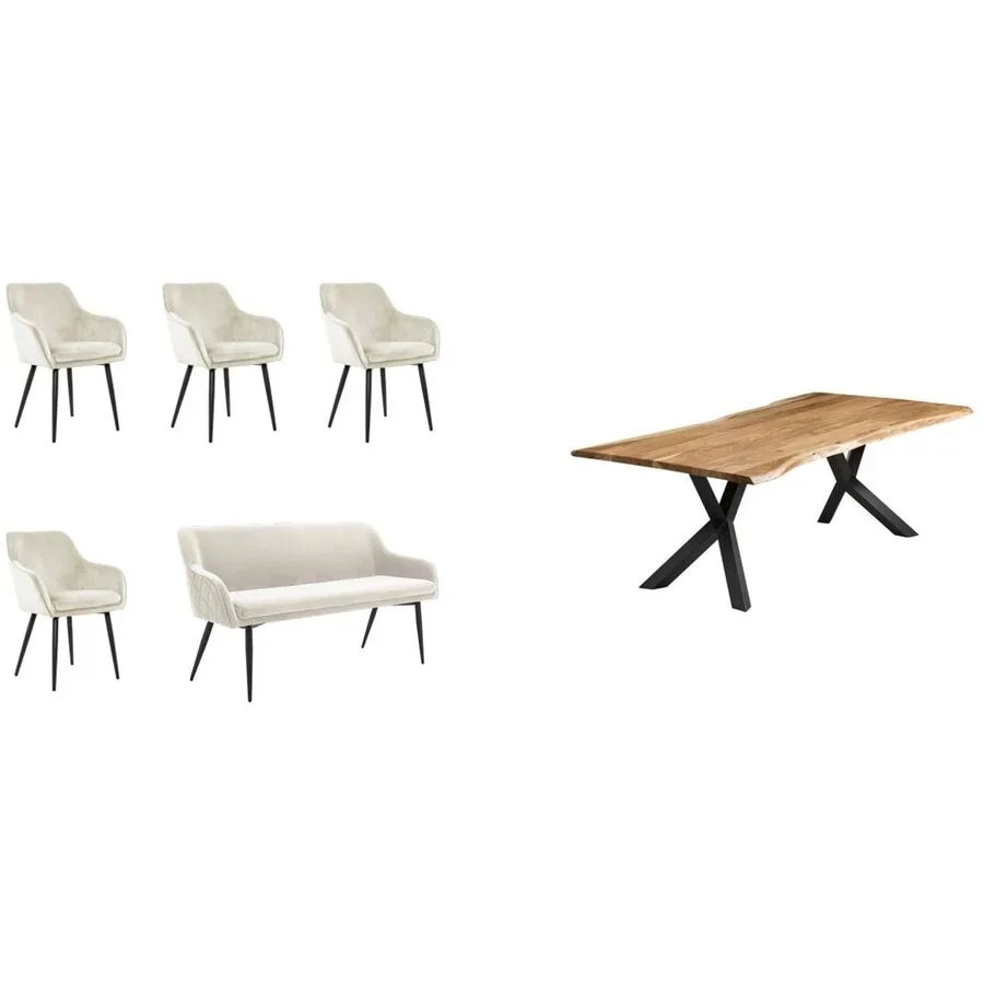 Essgruppe Kuro Braun/Beige Samt/Holz - Farbe: natur - Material: Akazie/Samt - Essgruppe